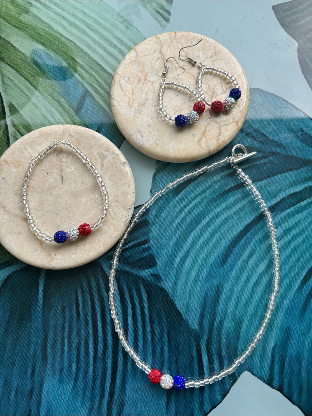 Red ,white blue Bling necklace earring and bracelet set